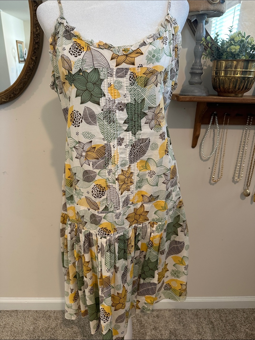 Springfield Floral Spaghetti-Strap Sundress in White, Yellow & Green. Size L/XL